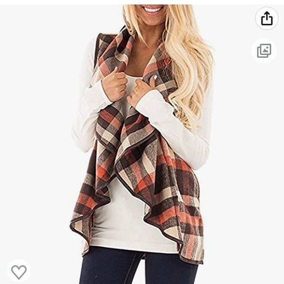 Unidear Size Small Buffalo Paid Vest Open Front Sleeveless Cardigan with Pockets - Picture 4 of 8